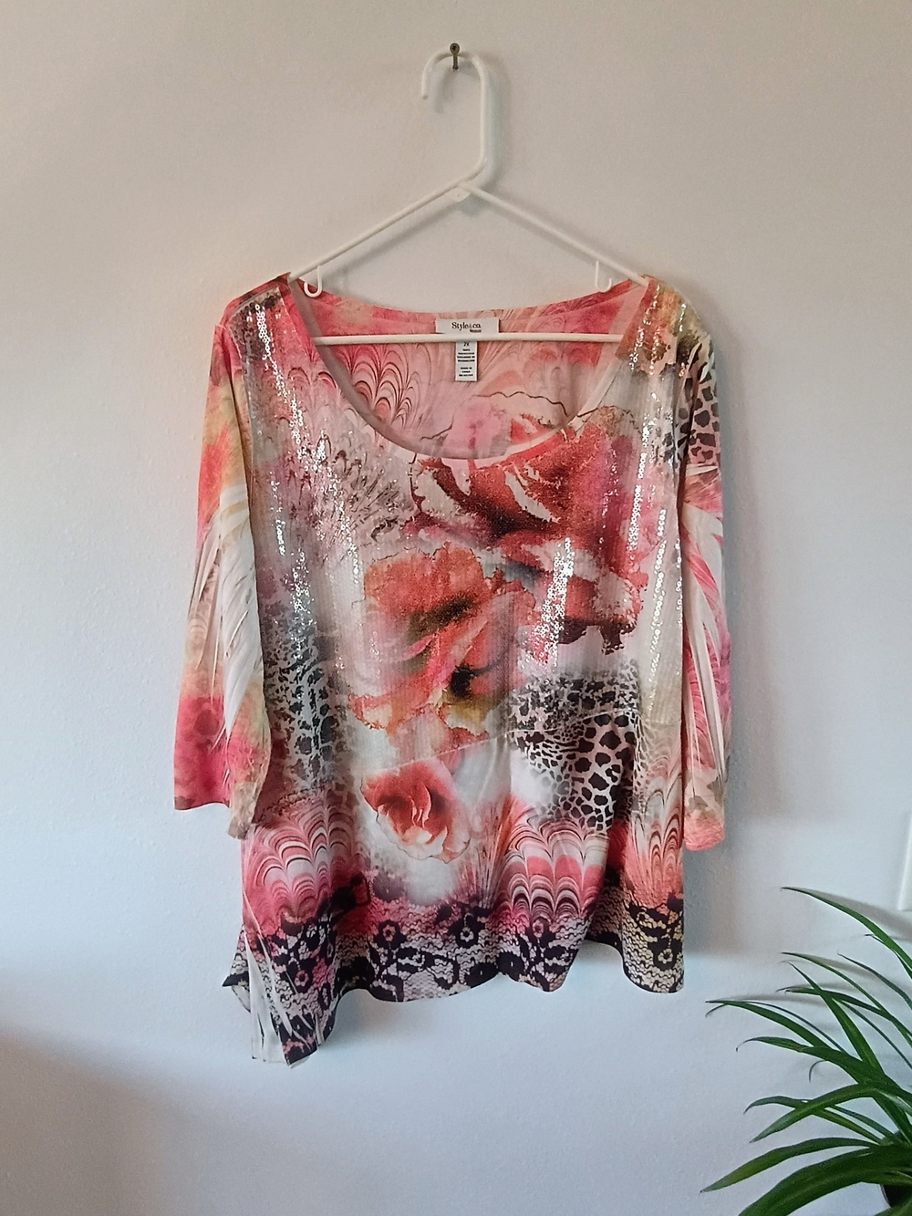 🌸 Style & Co Sequin Tunic Top 2X Pink Floral Leopard Asymmetrical Plus Size Boh